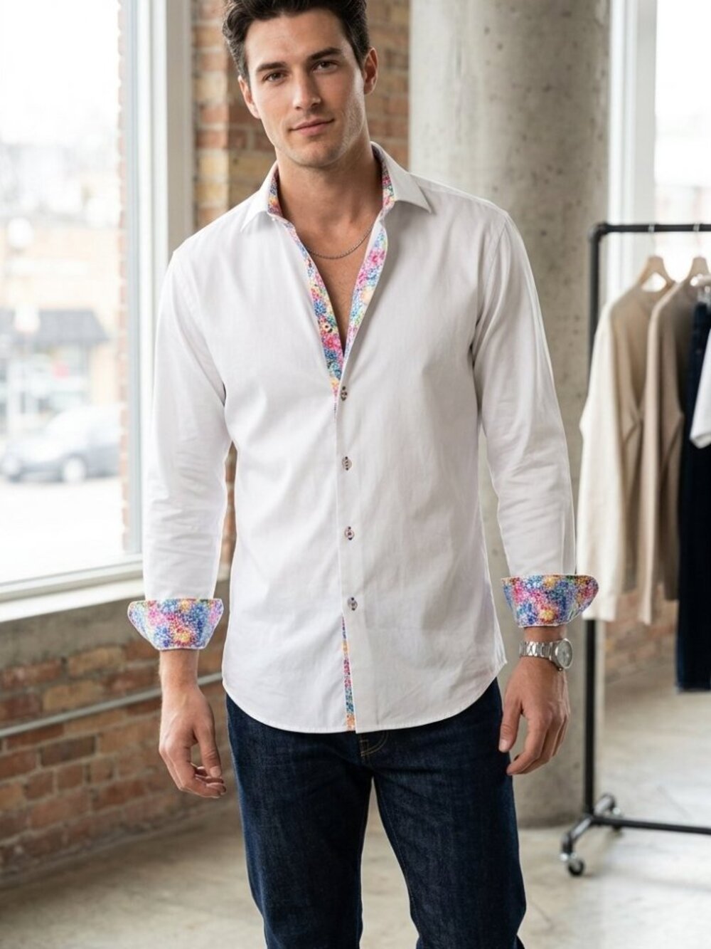 Masutto Men's Size Med White Floral Print Cuffs 100% Cotton Button Down Shirt